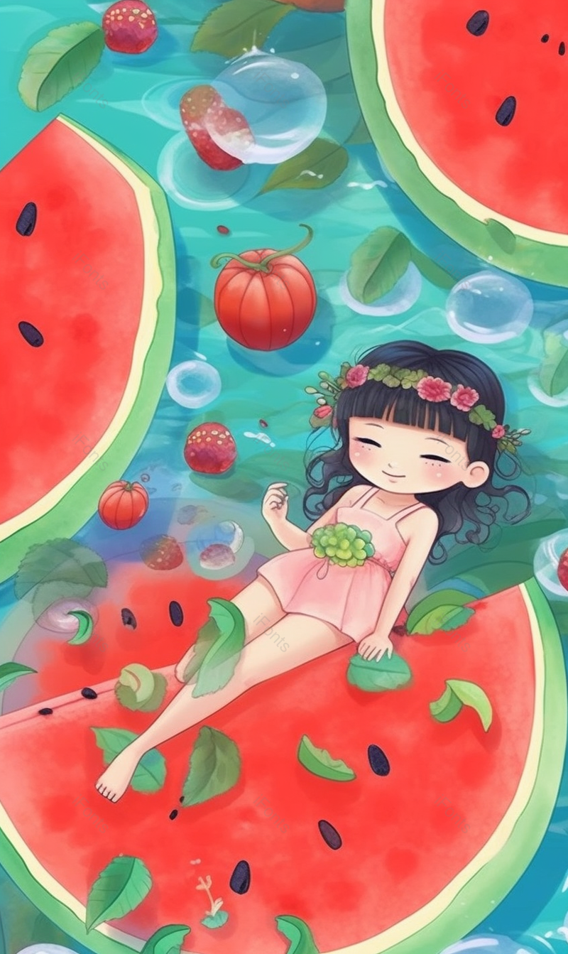 萌娃躺在水果池里玩耍儿童节创意插画素材壁纸,插画/手绘图,插画/手绘图库,插画/手绘图下载,插画/手绘